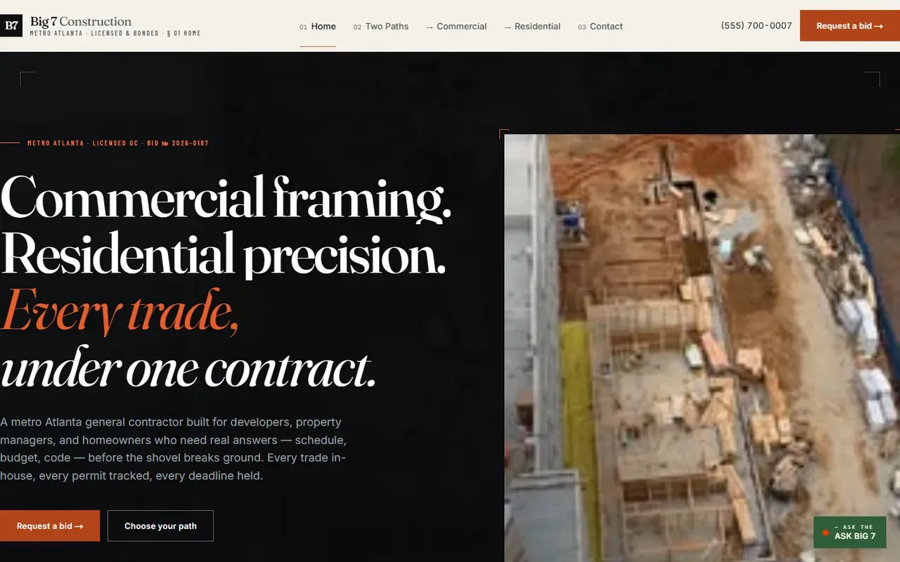 Cropped view of the live Big7 Construction homepage hero: the headline "Commercial framing. Residential precision. Every trade, under one contract." beside an aerial photo of an active job site.
